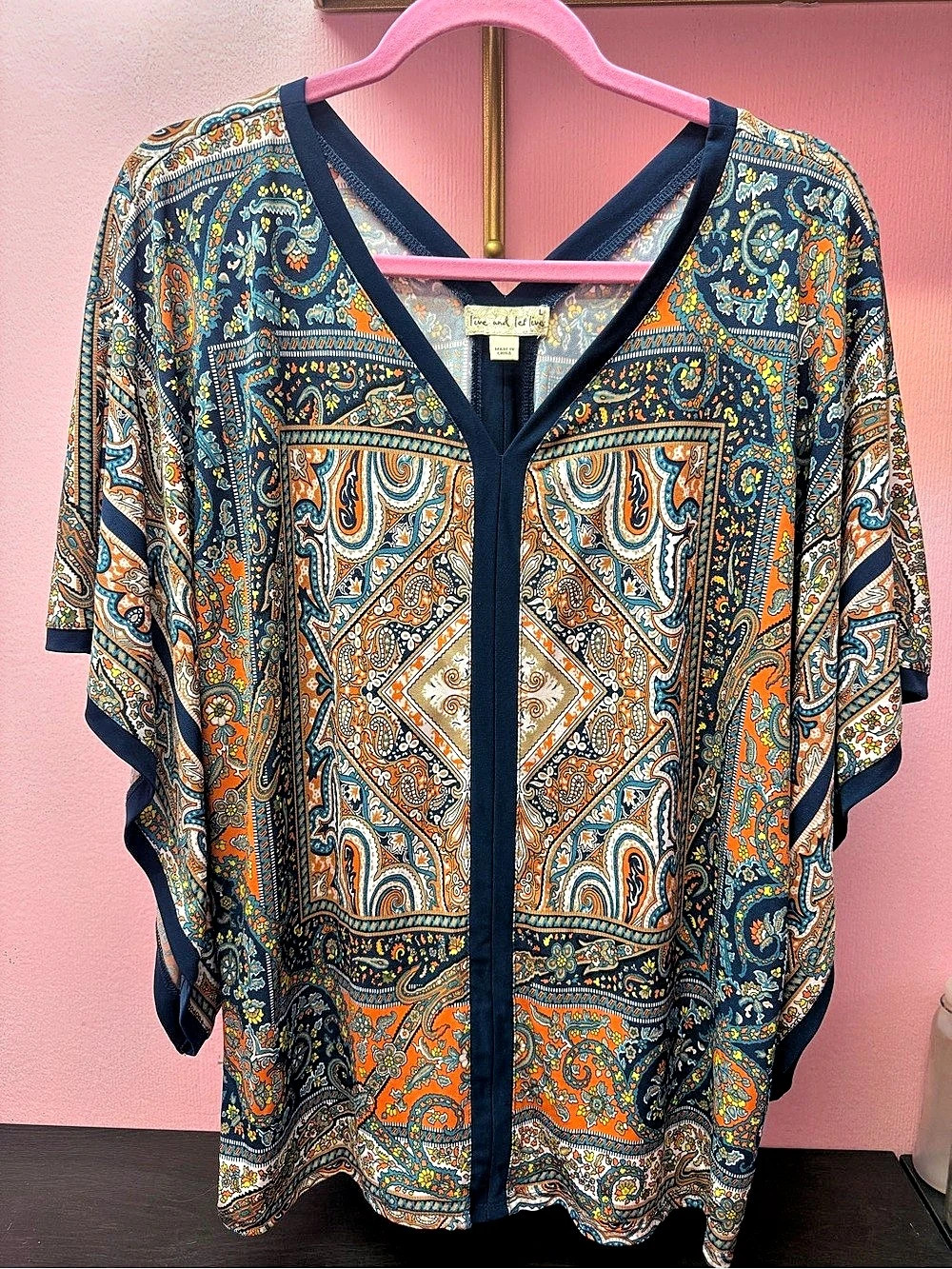 Time and Tru Paisley V-Neck Blouse in Blue & Orange
